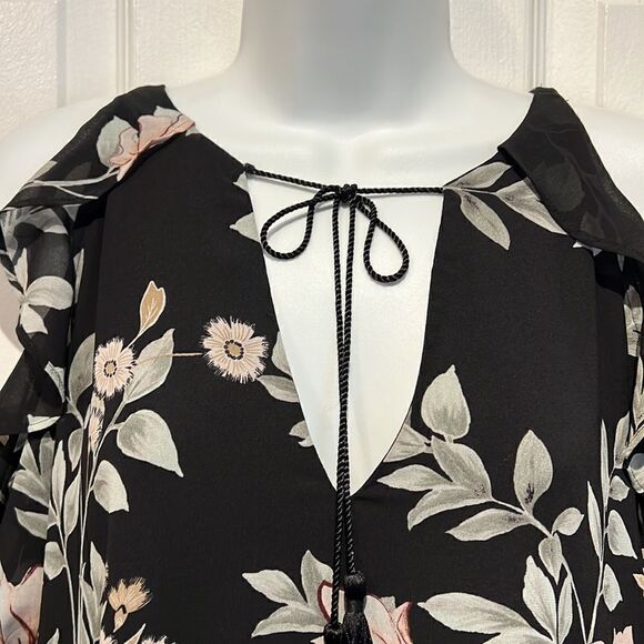 Guess Black with Floral Print Ruffled Cold Shoulder Long Sleeve Mini Dress SZ S - Picture 2 of 16